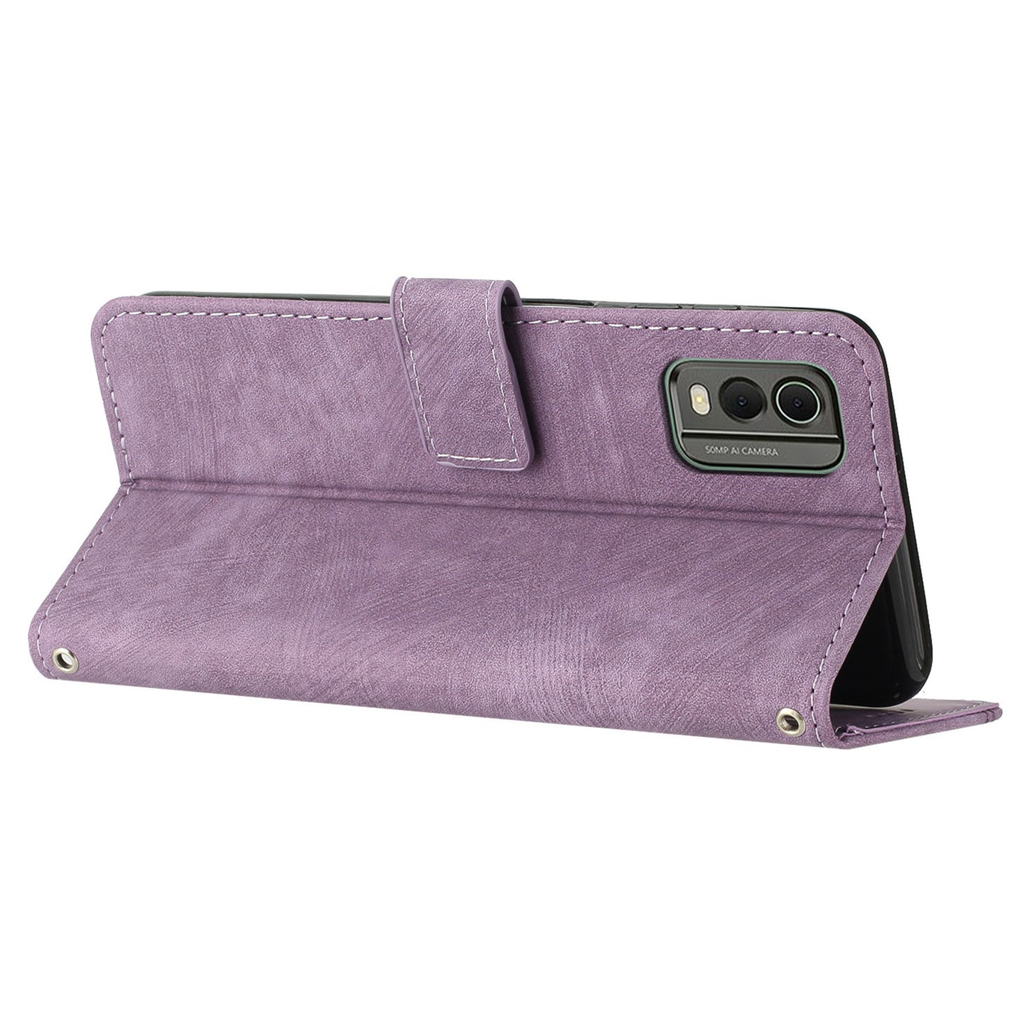 Stand Wallet Shell for Nokia C32 (TA-1534) Skin-touch Imprinted Lines Flip Case PU Leather Phone Cover