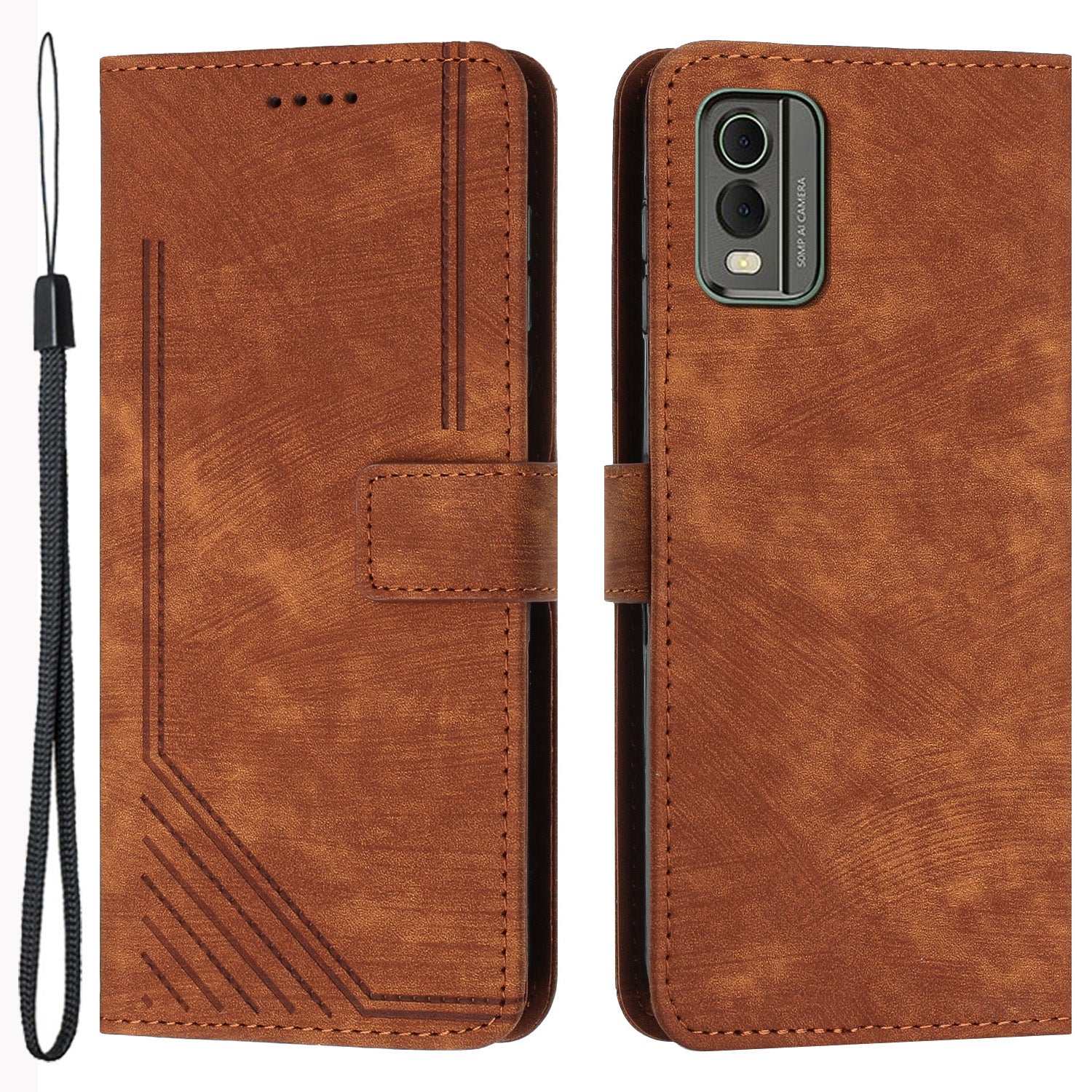 Stand Wallet Shell for Nokia C32 (TA-1534) Skin-touch Imprinted Lines Flip Case PU Leather Phone Cover