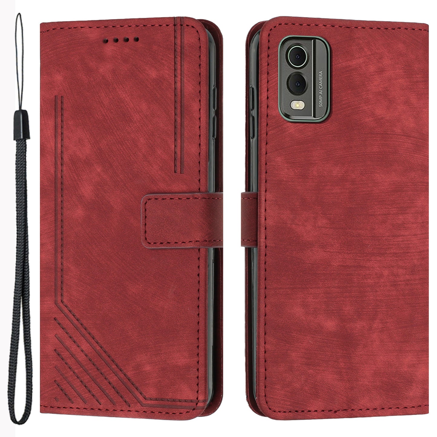 Stand Wallet Shell for Nokia C32 (TA-1534) Skin-touch Imprinted Lines Flip Case PU Leather Phone Cover