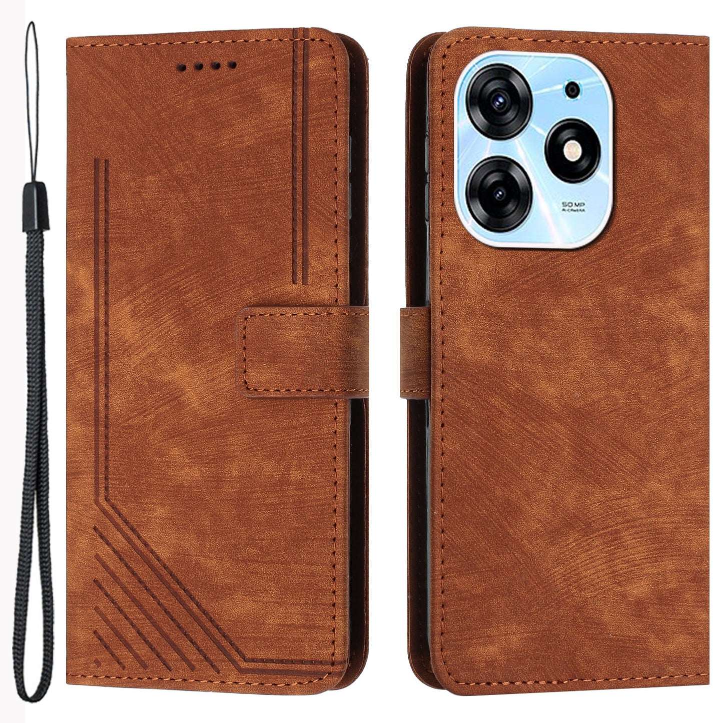 Stand Flip Case for Tecno Spark 10 Pro Skin-touch Imprinted Lines Wallet Phone PU Leather Cover