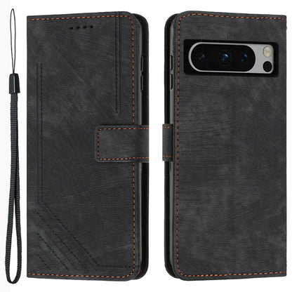 For Google Pixel 8 Pro Imprinted Lines Flip Case Skin-touch PU Leather Stand Wallet Phone Cover