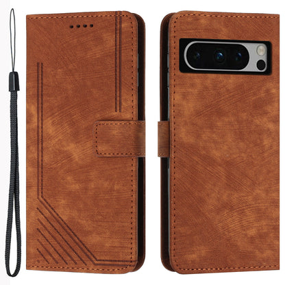 For Google Pixel 8 Pro Imprinted Lines Flip Case Skin-touch PU Leather Stand Wallet Phone Cover