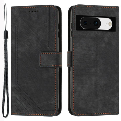 PU Leather Flip Case for Google Pixel 8 Skin-touch Stand Imprinted Lines Wallet Anti-drop Phone Cover