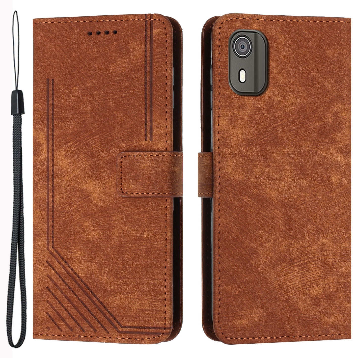 PU Leather Flip Case for Nokia C02 (TA-1522) Skin-touch Stand Imprinted Lines Wallet Phone Cover