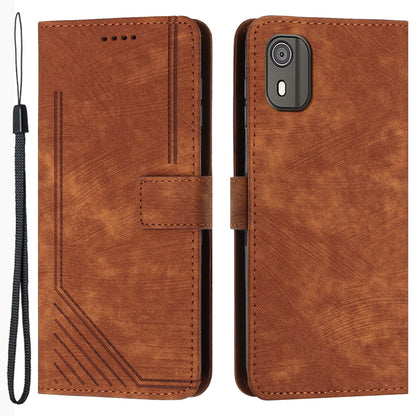 PU Leather Flip Case for Nokia C02 (TA-1522) Skin-touch Stand Imprinted Lines Wallet Phone Cover