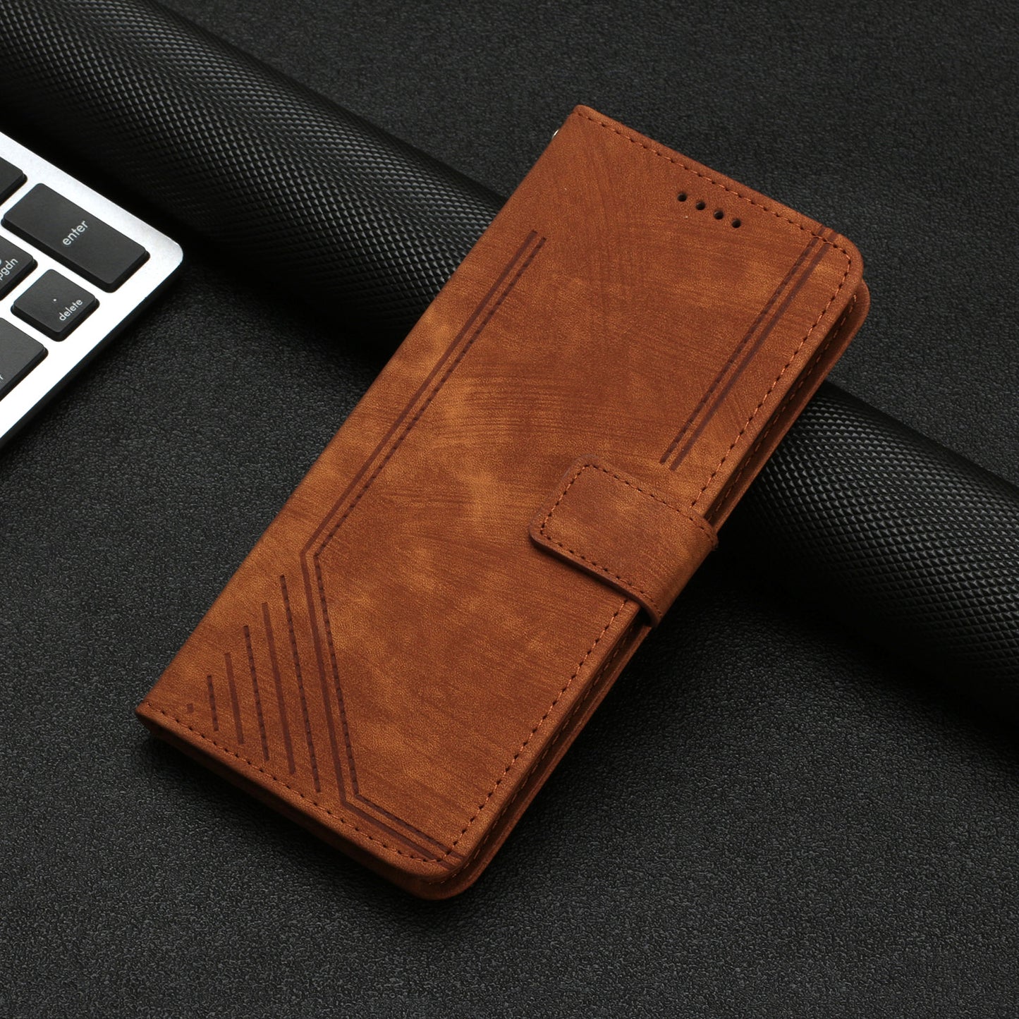 PU Leather Flip Case for Nokia C02 (TA-1522) Skin-touch Stand Imprinted Lines Wallet Phone Cover