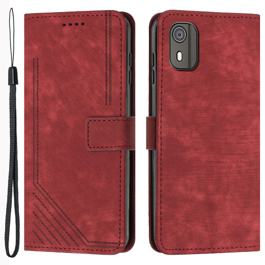 PU Leather Flip Case for Nokia C02 (TA-1522) Skin-touch Stand Imprinted Lines Wallet Phone Cover