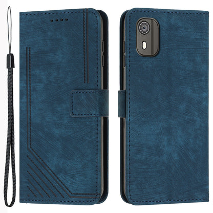 PU Leather Flip Case for Nokia C02 (TA-1522) Skin-touch Stand Imprinted Lines Wallet Phone Cover
