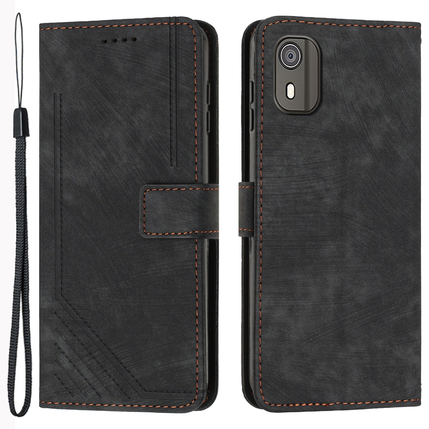 PU Leather Flip Case for Nokia C02 (TA-1522) Skin-touch Stand Imprinted Lines Wallet Phone Cover