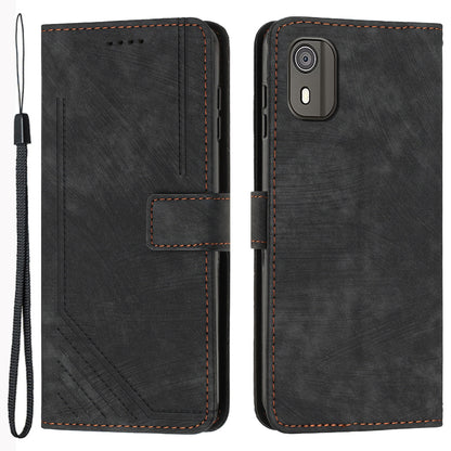 PU Leather Flip Case for Nokia C02 (TA-1522) Skin-touch Stand Imprinted Lines Wallet Phone Cover