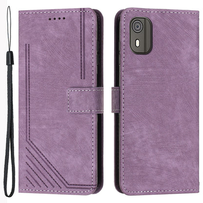 PU Leather Flip Case for Nokia C02 (TA-1522) Skin-touch Stand Imprinted Lines Wallet Phone Cover