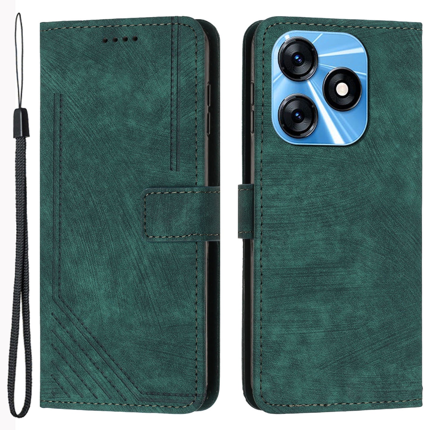 Protective Case for Tecno Spark 10 4G Skin-touch Stand Imprinted Lines PU Leather Wallet Phone Cover