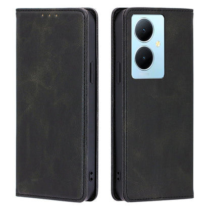 Calf Texture Leather Phone Cover for vivo Y78+ 5G , Full Protection Stand Wallet Case