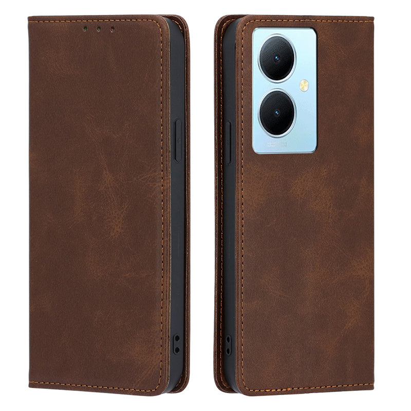 Calf Texture Leather Phone Cover for vivo Y78+ 5G , Full Protection Stand Wallet Case
