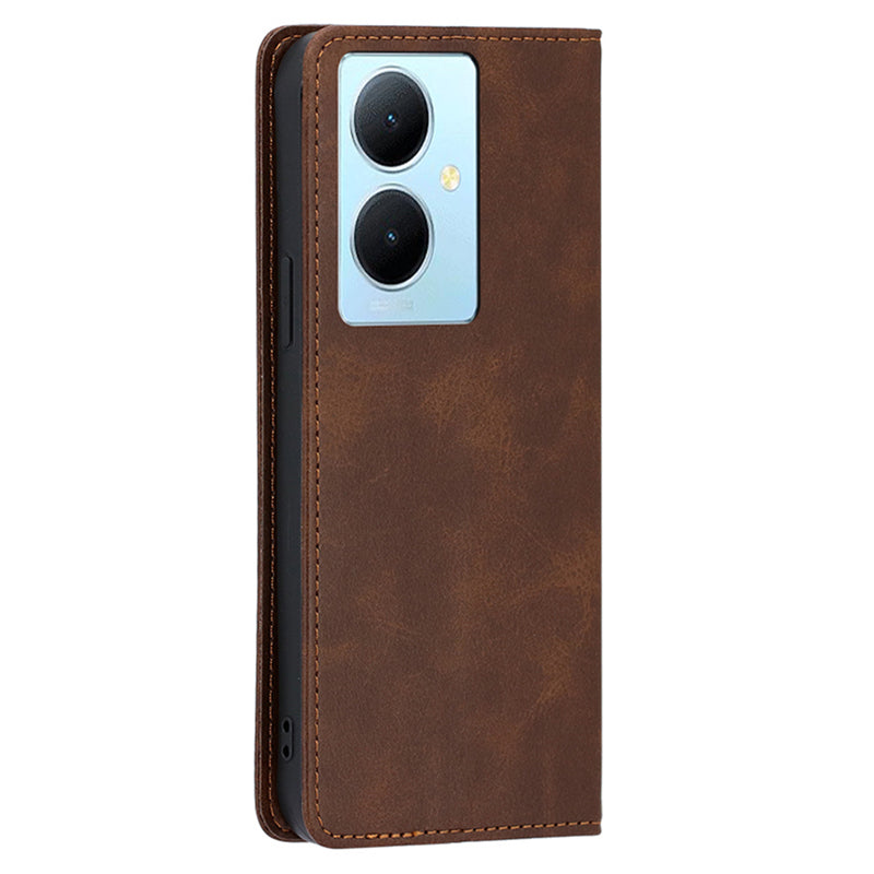 Calf Texture Leather Phone Cover for vivo Y78+ 5G , Full Protection Stand Wallet Case