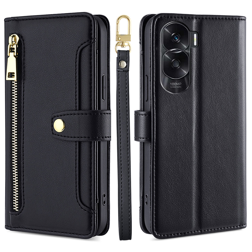 Leather Phone Cover for Honor X50i 5G / 90 Lite 5G Folio Flip Stand Wallet Case with Zipper Pocket