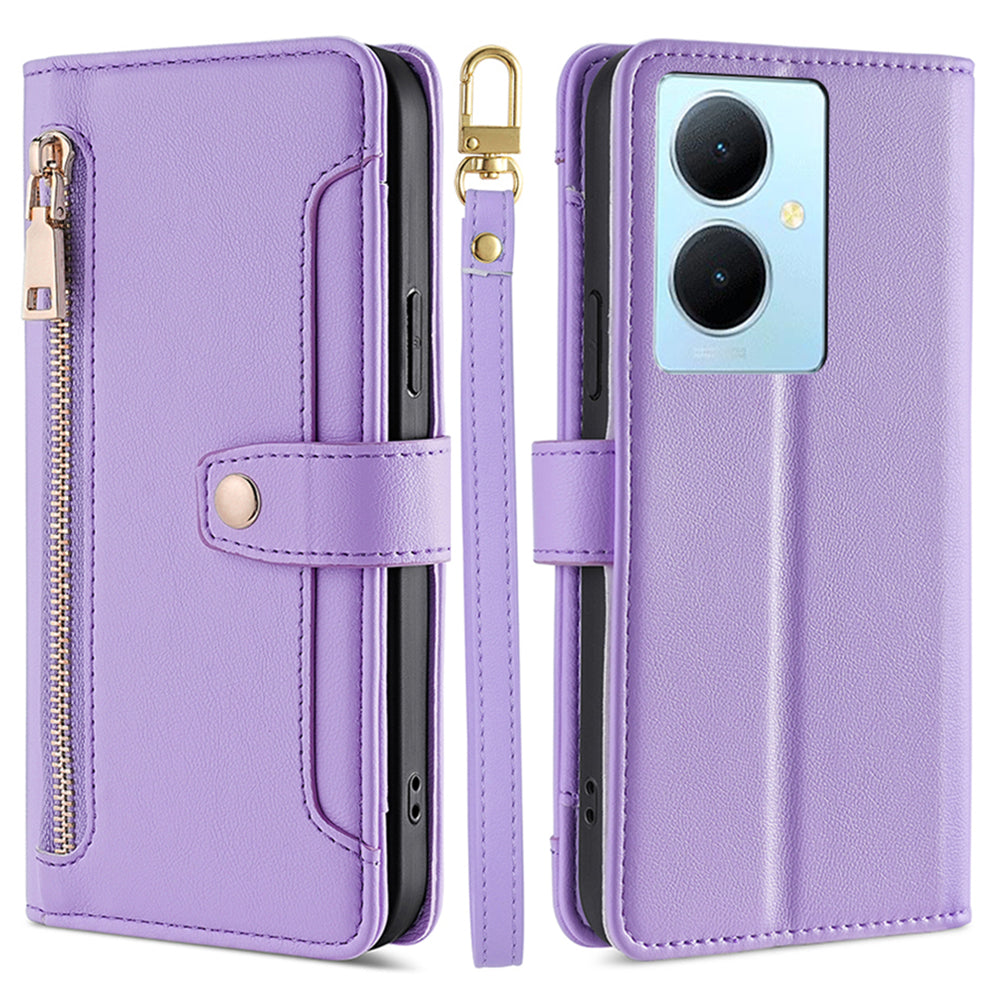 PU Leather+TPU Phone Cover for vivo Y78+ 5G Anti-drop Stand Wallet Case with Zipper Pocket