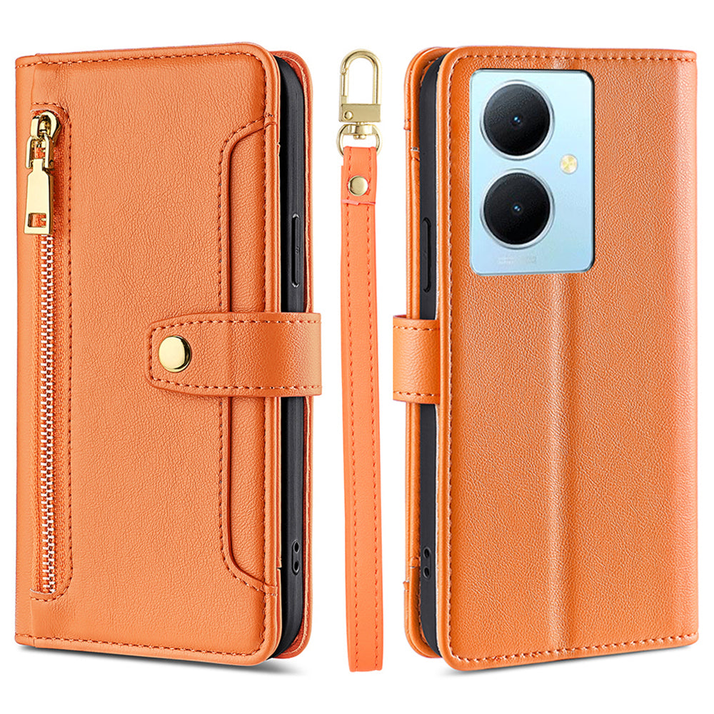 PU Leather+TPU Phone Cover for vivo Y78+ 5G Anti-drop Stand Wallet Case with Zipper Pocket