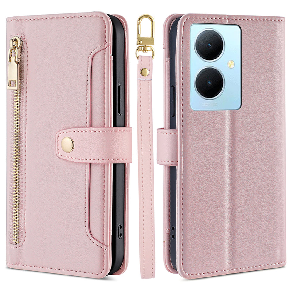 PU Leather+TPU Phone Cover for vivo Y78+ 5G Anti-drop Stand Wallet Case with Zipper Pocket