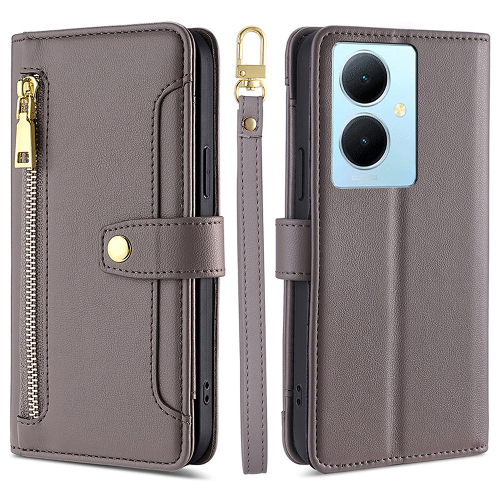 PU Leather+TPU Phone Cover for vivo Y78+ 5G Anti-drop Stand Wallet Case with Zipper Pocket