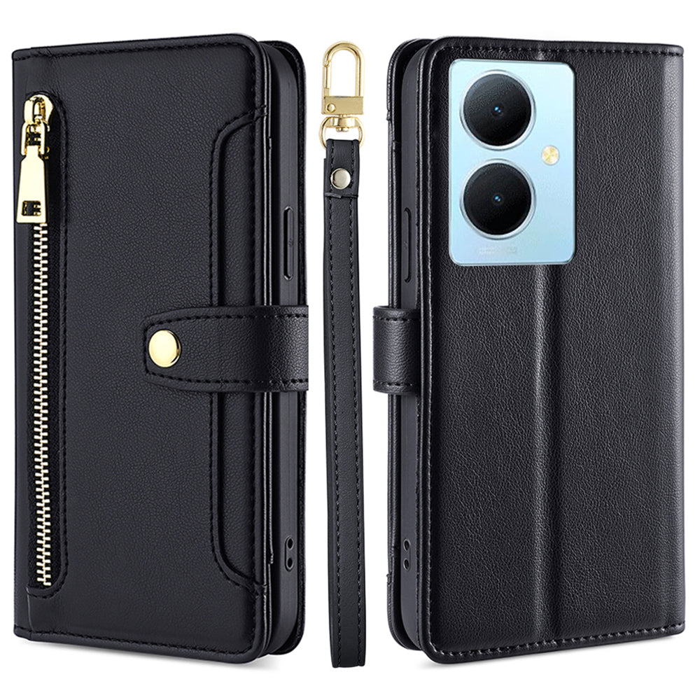 PU Leather+TPU Phone Cover for vivo Y78+ 5G Anti-drop Stand Wallet Case with Zipper Pocket
