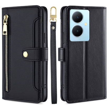 PU Leather+TPU Phone Cover for vivo Y78+ 5G Anti-drop Stand Wallet Case with Zipper Pocket