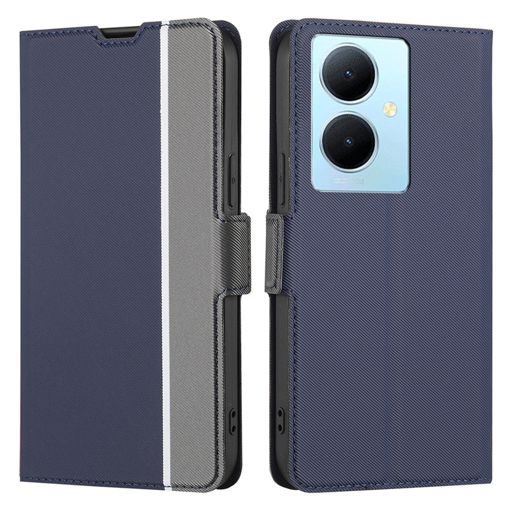 For vivo Y78+ 5G Anti-Scratch Phone Cover Twill Texture Card Holder Stand TPU+PU Leather Case