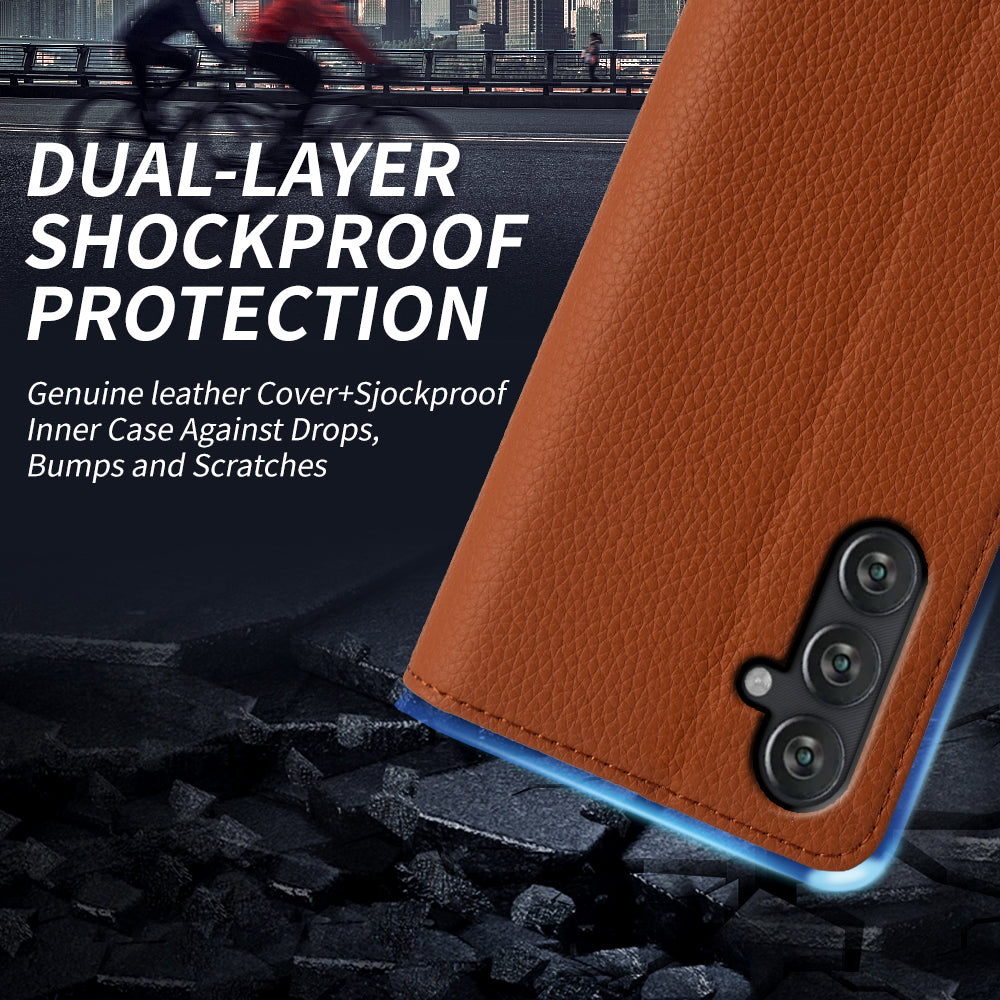 For Samsung Galaxy M13 4G Fully Wrapped Genuine Cow Leather Wallet Stand Cover Phone Flip Case