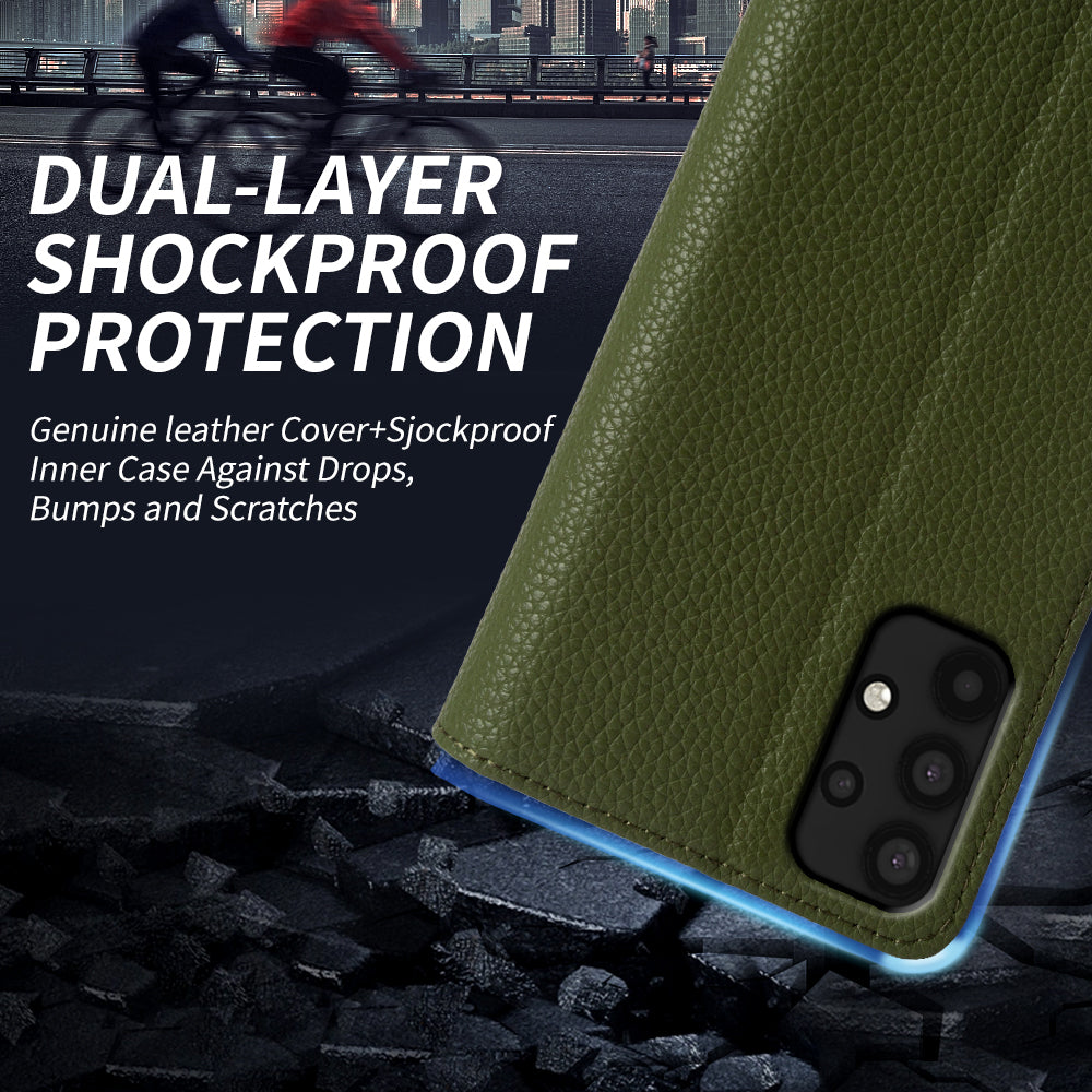 For Samsung Galaxy A32 4G (EU Version) Genuine Cow Leather Wallet Stand Cover Phone Protector Flip Case