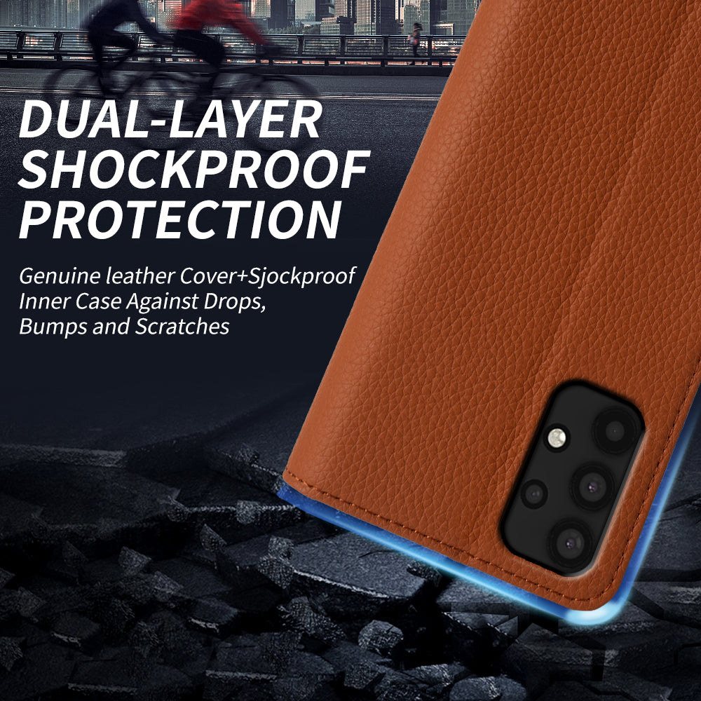 For Samsung Galaxy A32 4G (EU Version) Genuine Cow Leather Wallet Stand Cover Phone Protector Flip Case