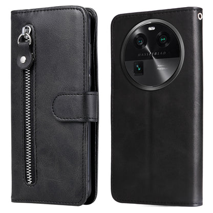 Phone Case for Oppo Find X6 , Calf Texture Zipper Pocket Stand Shell Drop-proof Wallet PU Leather Cover