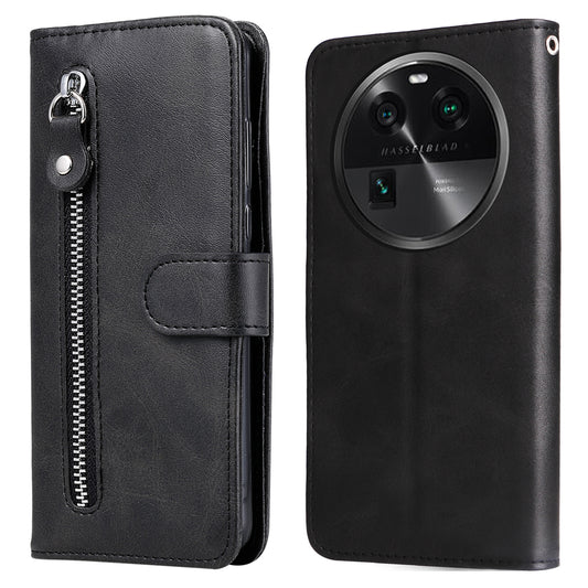 Phone Case for Oppo Find X6 , Calf Texture Zipper Pocket Stand Shell Drop-proof Wallet PU Leather Cover