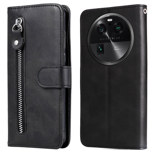 For Oppo Find X6 Pro Zipper Pocket Phone Case Stand Shell Calf Texture Anti-Scratch Wallet Cover