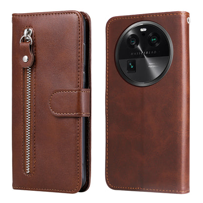 For Oppo Find X6 Pro Zipper Pocket Phone Case Stand Shell Calf Texture Anti-Scratch Wallet Cover