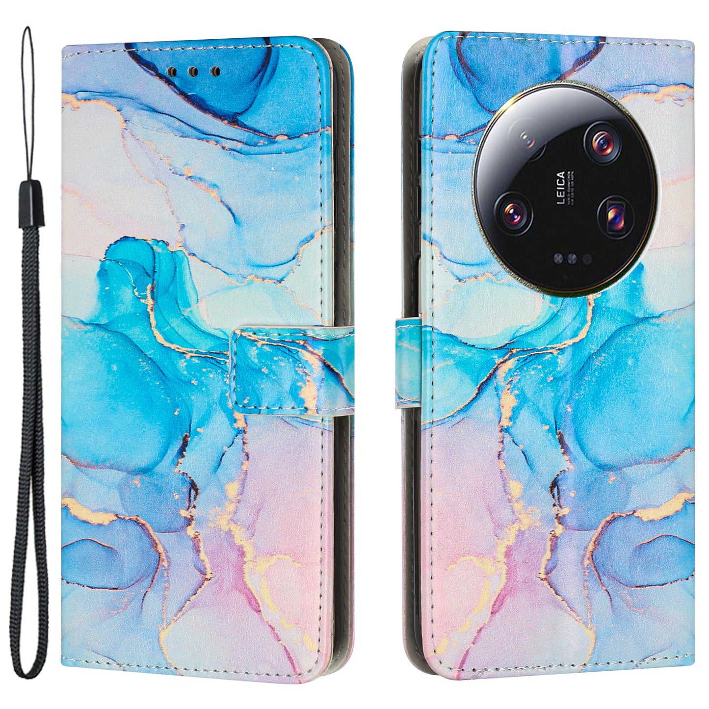 For Xiaomi 13 Ultra Mobile Phone Case Marble Pattern Wallet Stand PU Leather Cover with Wrist Strap