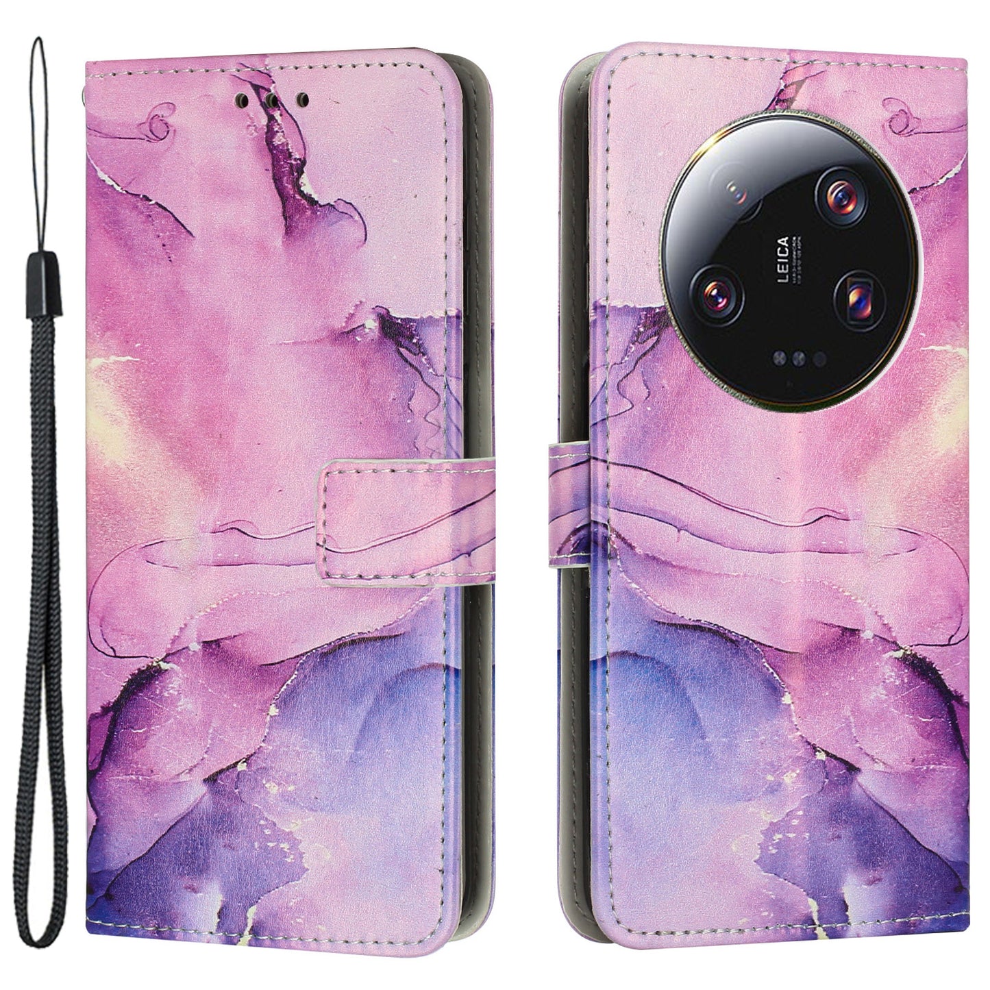 For Xiaomi 13 Ultra Mobile Phone Case Marble Pattern Wallet Stand PU Leather Cover with Wrist Strap