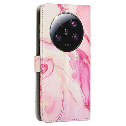For Xiaomi 13 Ultra Mobile Phone Case Marble Pattern Wallet Stand PU Leather Cover with Wrist Strap