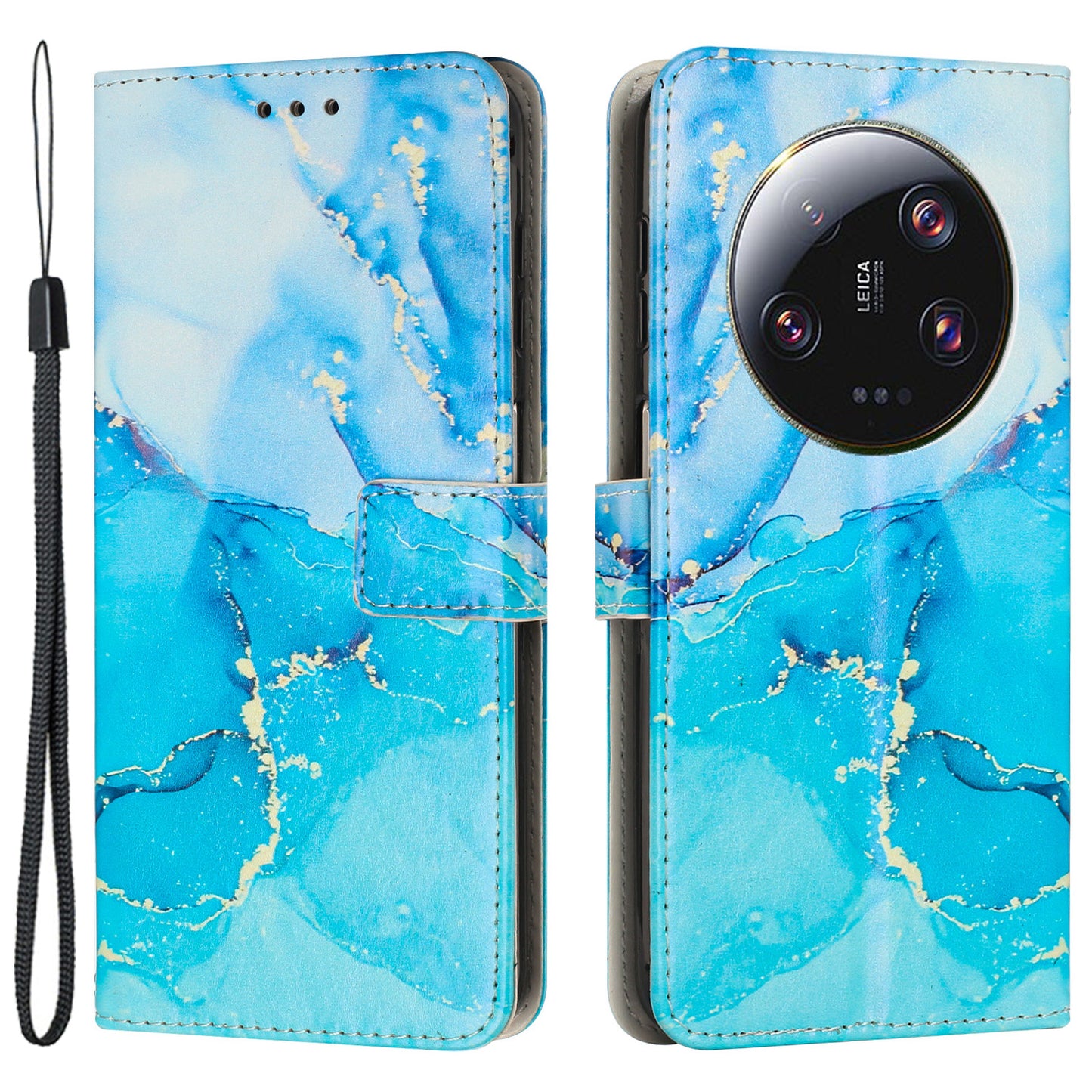 For Xiaomi 13 Ultra Mobile Phone Case Marble Pattern Wallet Stand PU Leather Cover with Wrist Strap
