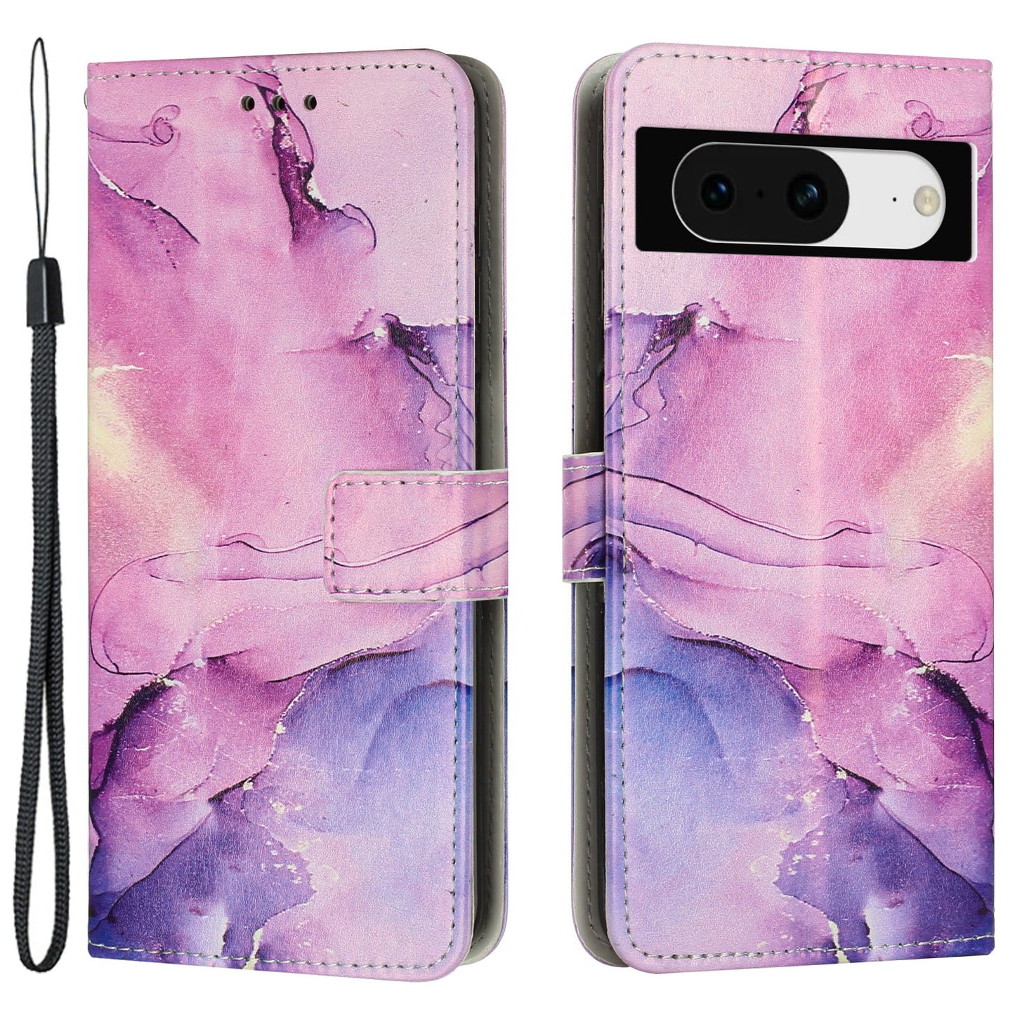 For Google Pixel 8 Mobile Phone PU Leather Case Marble Pattern Wallet Stand Cover with Wrist Strap