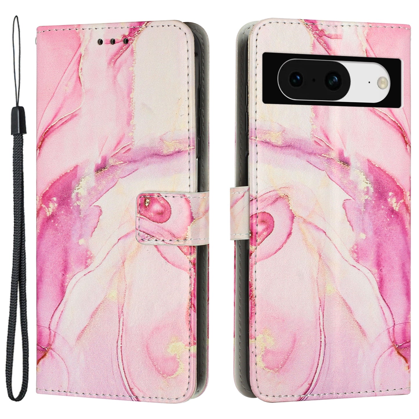 For Google Pixel 8 Mobile Phone PU Leather Case Marble Pattern Wallet Stand Cover with Wrist Strap