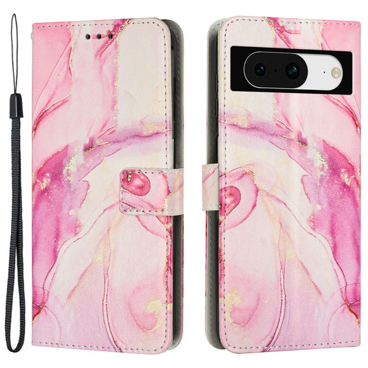 For Google Pixel 8 Mobile Phone PU Leather Case Marble Pattern Wallet Stand Cover with Wrist Strap