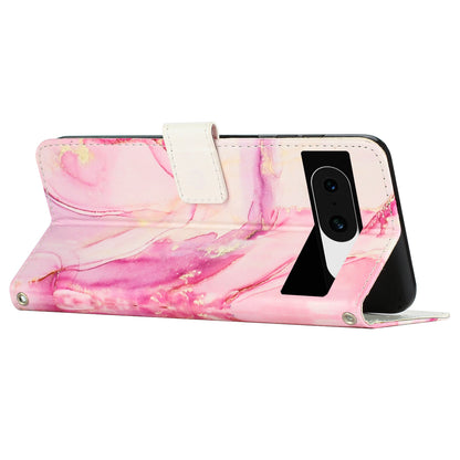 For Google Pixel 8 Mobile Phone PU Leather Case Marble Pattern Wallet Stand Cover with Wrist Strap