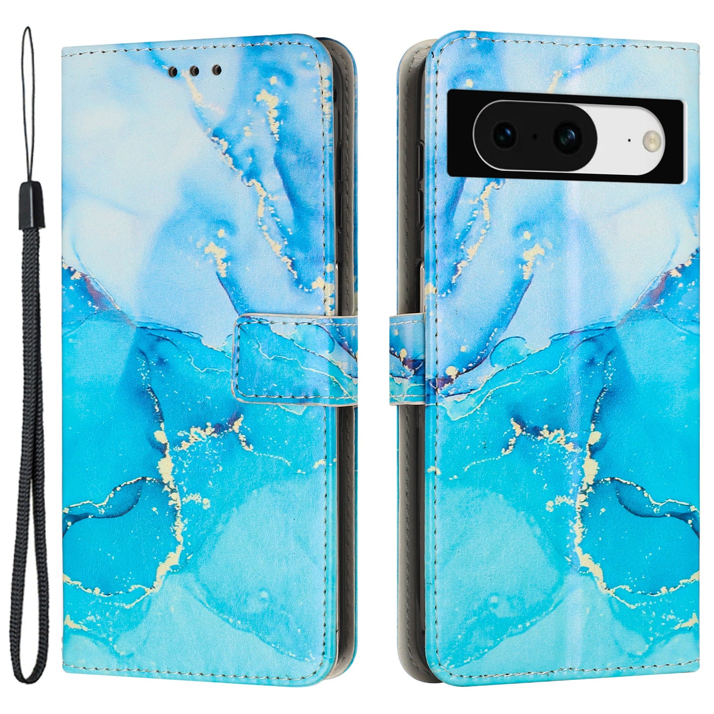 For Google Pixel 8 Mobile Phone PU Leather Case Marble Pattern Wallet Stand Cover with Wrist Strap