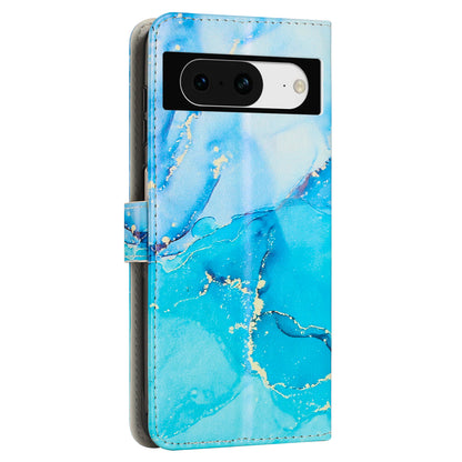 For Google Pixel 8 Mobile Phone PU Leather Case Marble Pattern Wallet Stand Cover with Wrist Strap