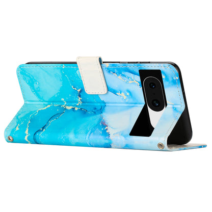 For Google Pixel 8 Mobile Phone PU Leather Case Marble Pattern Wallet Stand Cover with Wrist Strap