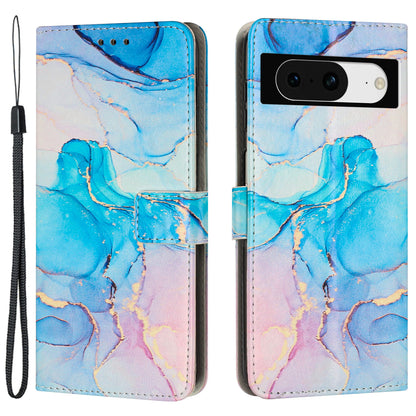 For Google Pixel 8 Mobile Phone PU Leather Case Marble Pattern Wallet Stand Cover with Wrist Strap