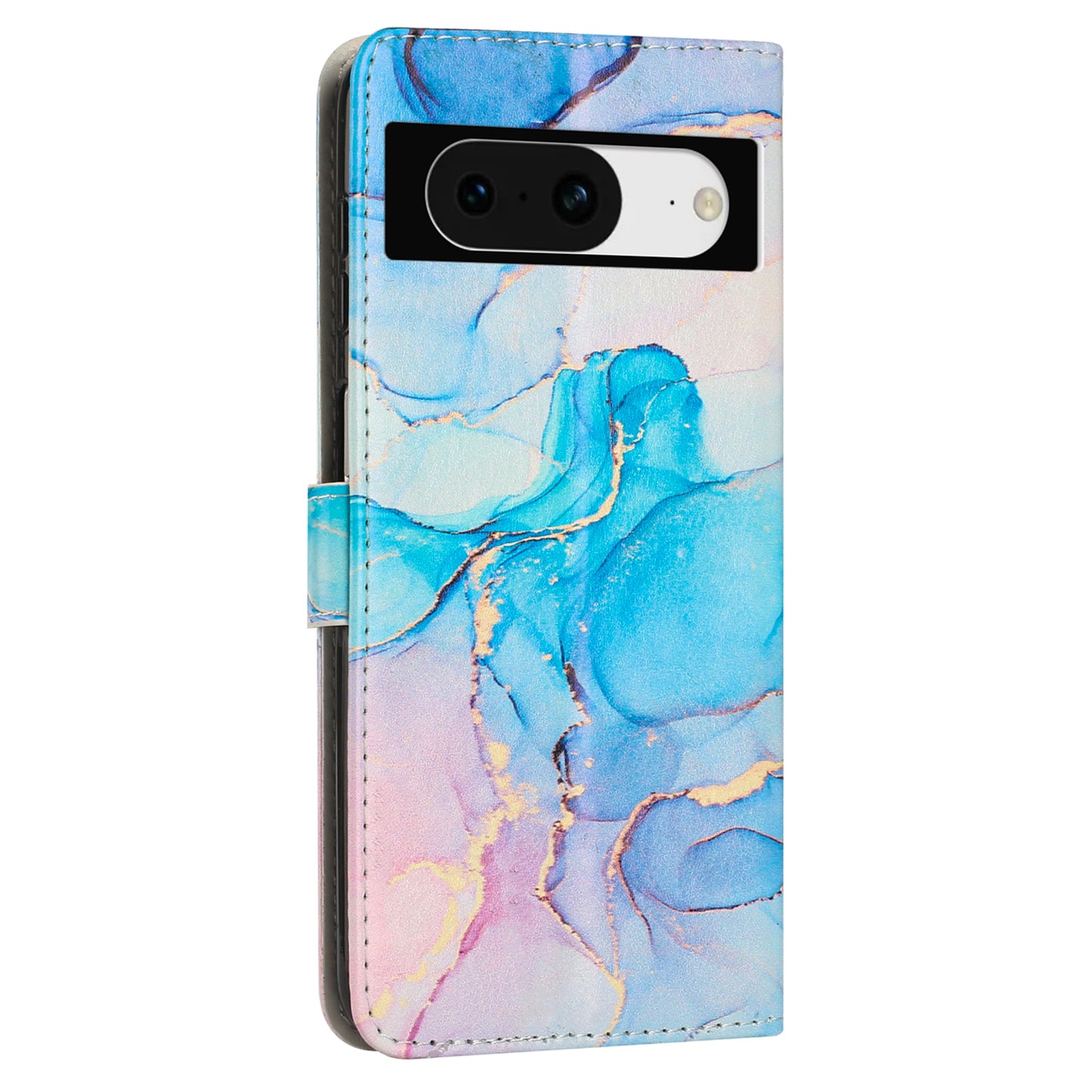 For Google Pixel 8 Mobile Phone PU Leather Case Marble Pattern Wallet Stand Cover with Wrist Strap