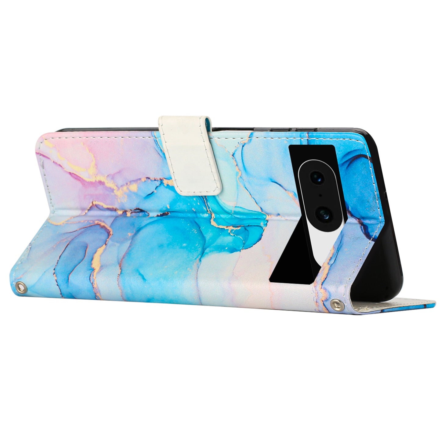 For Google Pixel 8 Mobile Phone PU Leather Case Marble Pattern Wallet Stand Cover with Wrist Strap