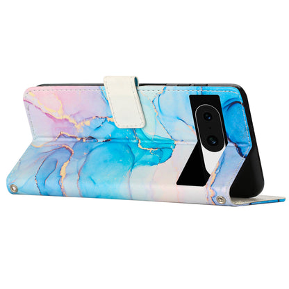 For Google Pixel 8 Mobile Phone PU Leather Case Marble Pattern Wallet Stand Cover with Wrist Strap