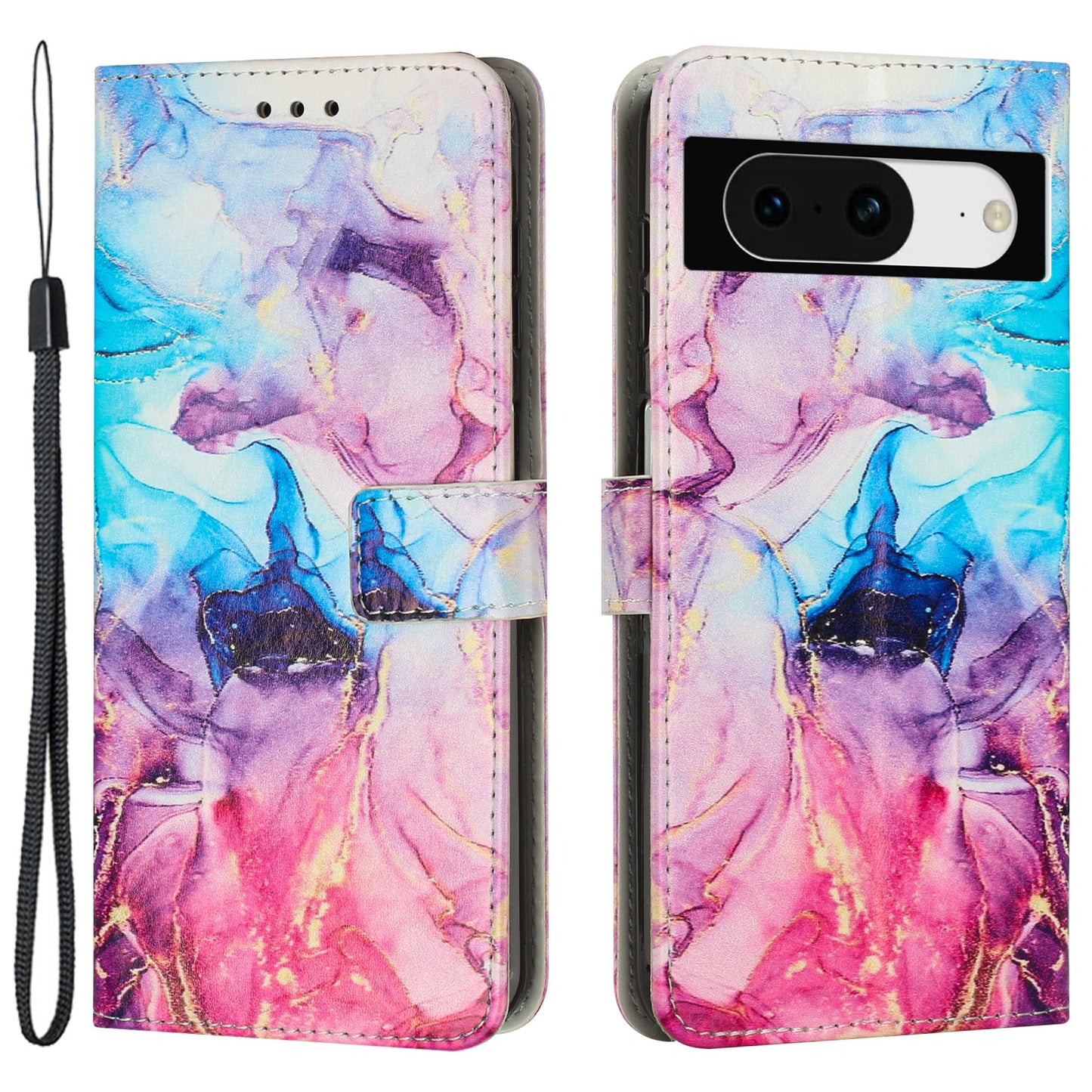 For Google Pixel 8 Mobile Phone PU Leather Case Marble Pattern Wallet Stand Cover with Wrist Strap